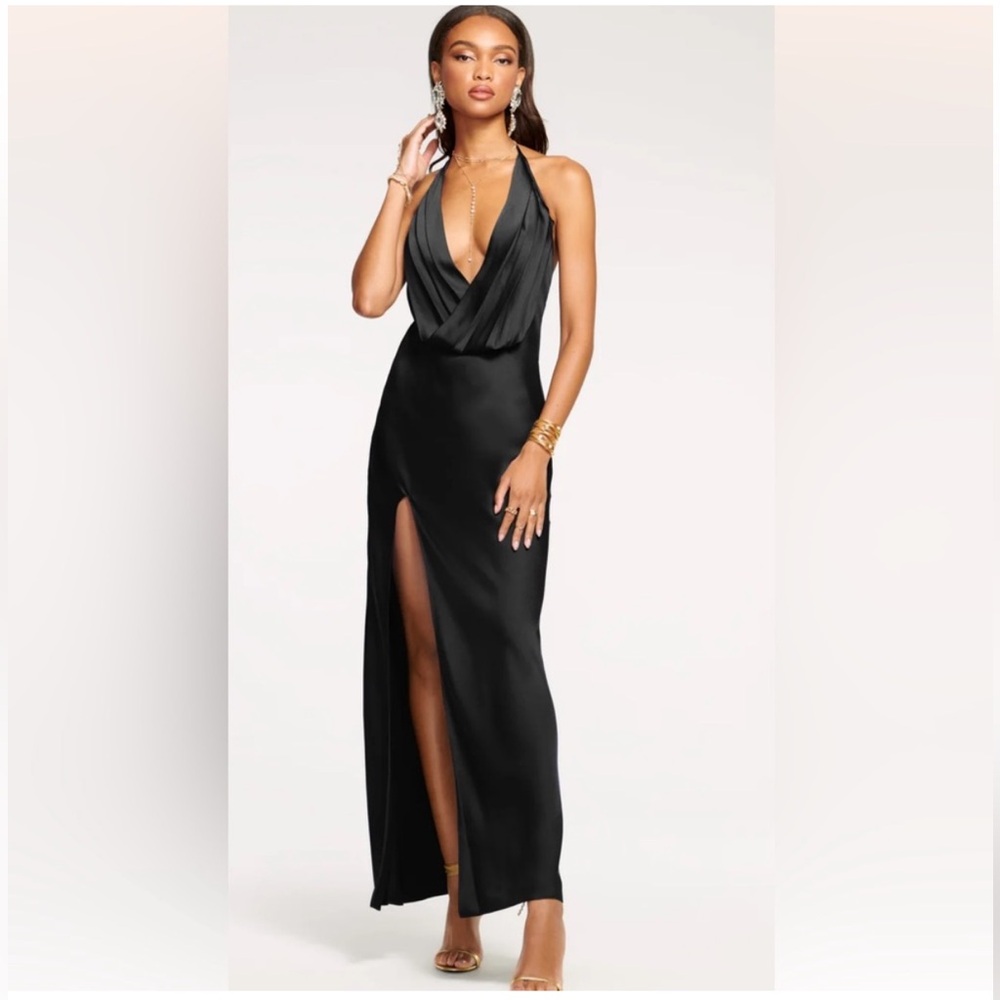 Ramy Brook Valentina Plunging Halter Gown — Size 12 — Black Maxi with Slit